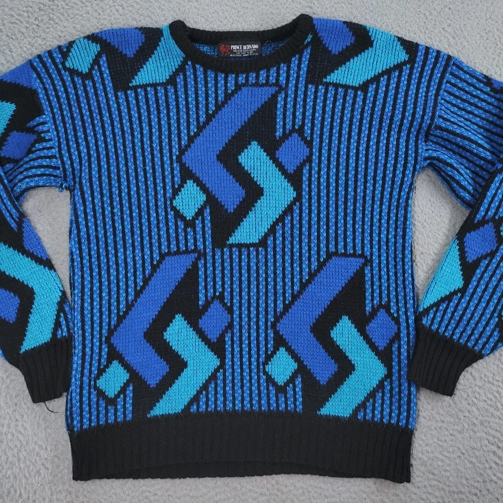 Prince Bernado Sweater Mens Blue Geometric Knitted Acrylic Long Sleeve Pullover